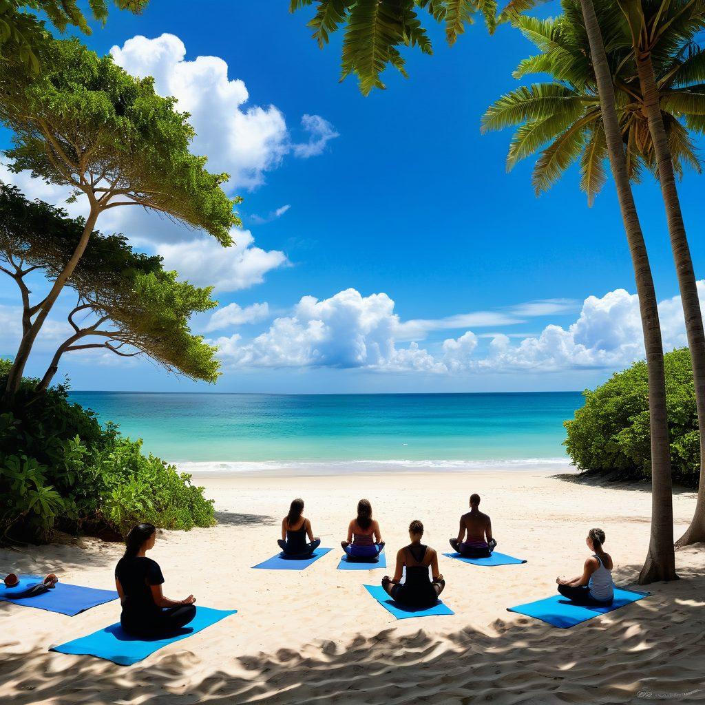 A serene beach scene featuring diverse individuals sunbathing and practicing mindfulness activities such as yoga and meditation, surrounded by vibrant nature, soft sand, and gentle waves. Capture the harmony between relaxation and nature, with a bright blue sky and lush greenery in the background. The atmosphere should evoke tranquility and connection with the natural world. super-realistic. vibrant colors. peaceful ambiance.