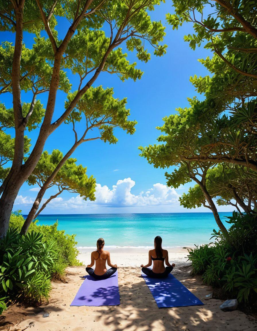 A serene beach scene featuring a diverse group of nudists enjoying eco-friendly activities like yoga, meditation, and nature walks surrounded by lush greenery and crystal-clear waters. Incorporate elements like solar-powered facilities, natural materials, and vibrant local flora to emphasize relaxation and well-being. The sky should be bright and sunny with fluffy clouds. super-realistic. vibrant colors. white background.